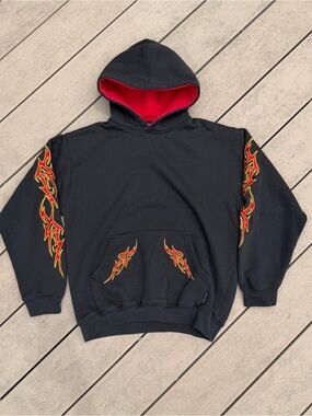 Y2K Silver Point Sweatshirt Hoodie Black Fleece Tribal Flame Grunge Boys Large